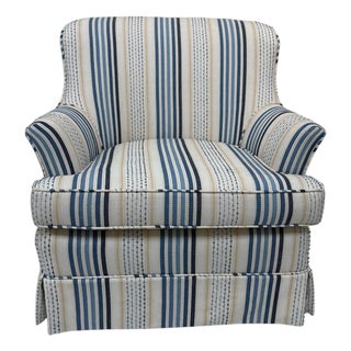 Late 20th Century Newly Upholstered Barrel Back Club Chair With Blue and Off White Striped Fabric For Sale