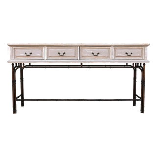 1970s Hollywood Regency Faux Bamboo Metal & Wood Four-Drawer Console Table For Sale