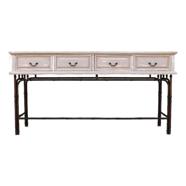 1970s Hollywood Regency Faux Bamboo Metal & Wood Four-Drawer Console Table For Sale