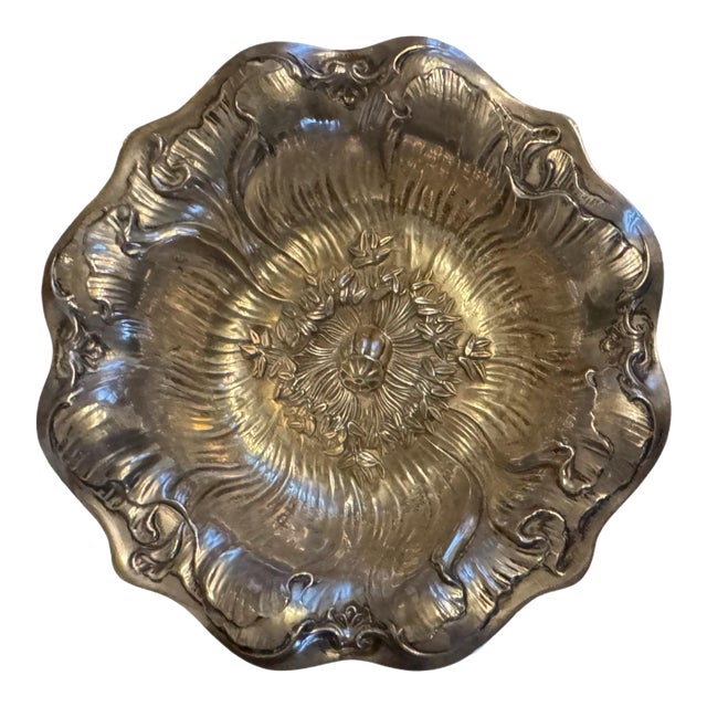 Antique Victorian Art Nouveau Embossed Sterling Silver Nut Dish For Sale