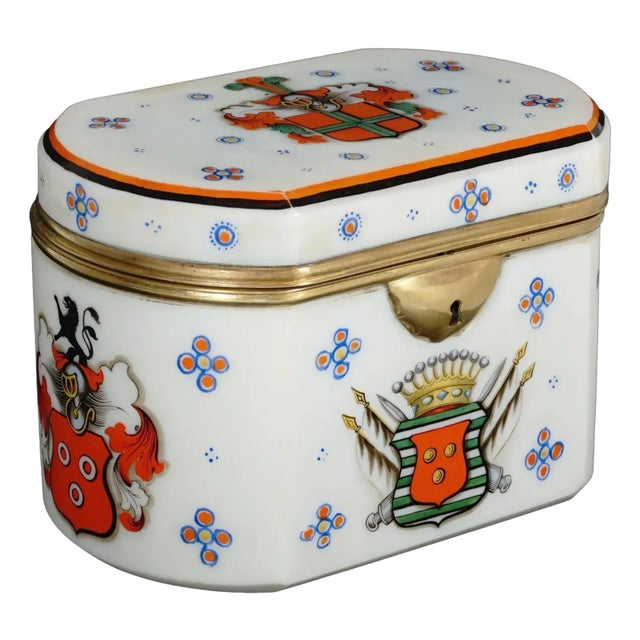 19th Century Antique Bohemian Opaline Glass Box Armorial Hand Painted Coat of Arms For Sale