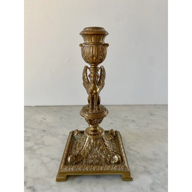 19th-Century Egyptian Revival Gilt Bronze Sphinx Candlesticks, Pair For Sale - Image 4 of 13