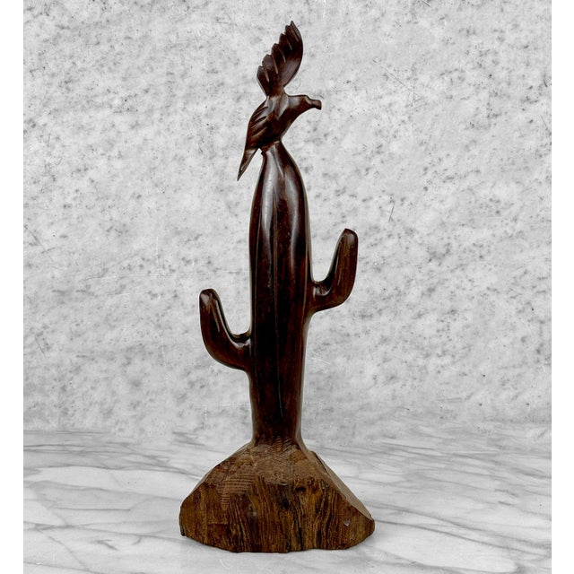Rustic Vintage Southwestern Carved Wood Bird & Cactus Sculpture For Sale - Image 3 of 10