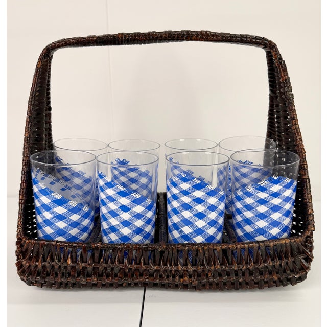 1970s Blue and White Americana Checked Glassware Set With Basket - 9 pcs For Sale - Image 4 of 11