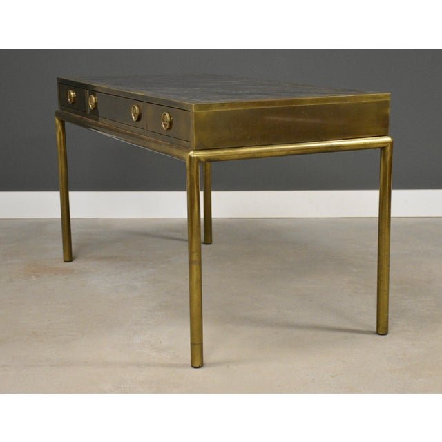 Mastercraft 1970’s Mastercraft Brass and Leather Top Desk For Sale - Image 4 of 12