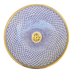14k Gold Moroccan Blue Ceramic Handmade and Hand Painted Round Washbasin Sink