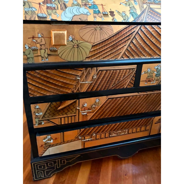 Hand-Painted Vintage Chinoiserie Village Scene Secretary Desk & Bookcase For Sale - Image 13 of 17
