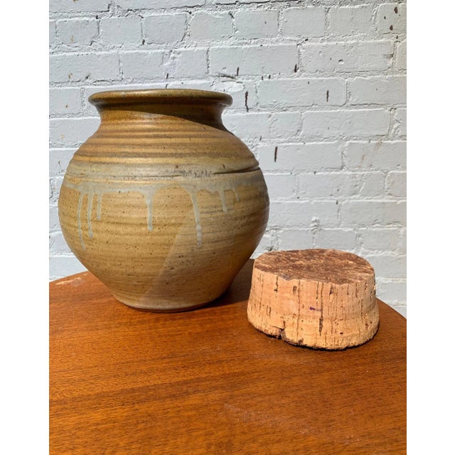 Substantial and gorgeous studio pottery jar with large thick natural cork stopper. Jar itself ~10" tall and ~10" diameter....
