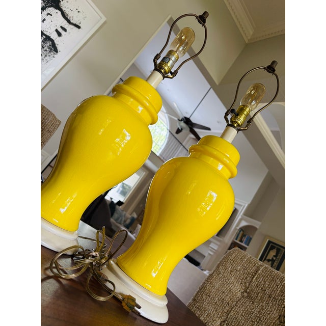 Wood Pair Vintage MCM Yellow Crackle Glaze Ceramic Ginger Jar Table Lamps For Sale - Image 7 of 12