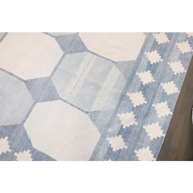 Cream Antique Zabihi Collection Massive White Blue Indian Dhurrie Rug - 13'7" x 18'2" For Sale - Image 8 of 12