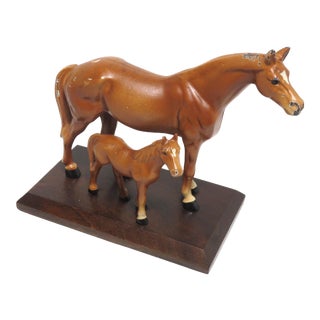 Vintage Hubley Cast Iron Mare & Foal Horse Figures on Stand For Sale