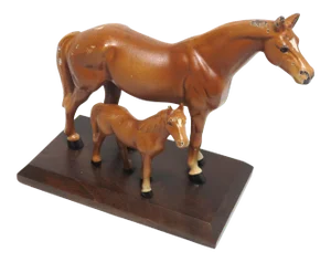 Vintage Hubley Cast Iron Mare & Foal Horse Figures on Stand