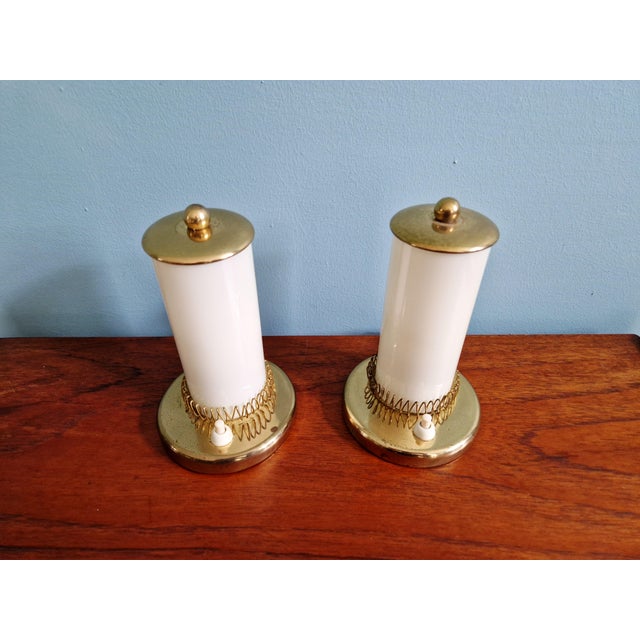 Metal Mid-Century Modern Bedside Lamps in Brass and Cream Opaline Glass, 1950, Set of 2 For Sale - Image 7 of 16