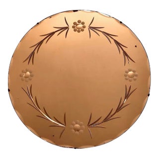 1930s Art Deco Peach Etched Circular Beveled Wall Mirror For Sale