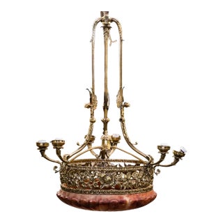 Early 20th Century Renaissance Revival Brass & Rose Alabaster Chandelier For Sale