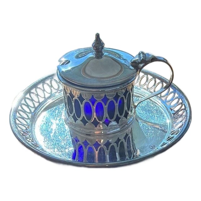 Vintage Cheltenham & Co Silver Plate Mustard Pots Cobalt Blue Glass - Set of 2 For Sale