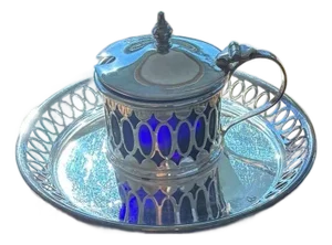 Vintage Cheltenham & Co Silver Plate Mustard Pots Cobalt Blue Glass - Set of 2