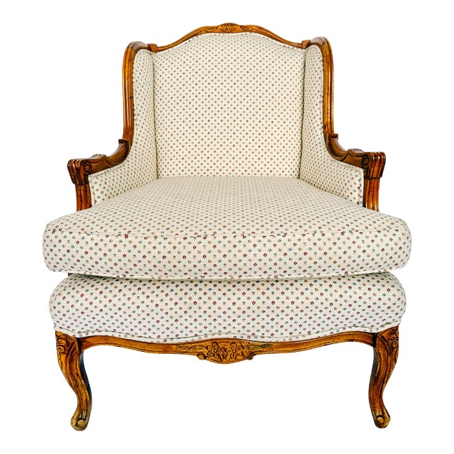 French Provincial Louis XV Bergere Armchair With Carved Wood Frame & Petite Floral Upholstery For Sale