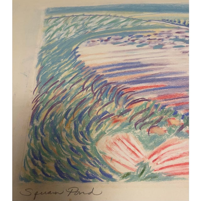 This original 1984 pastel landscape depicts Squam Pond, Nantucket, rendered with expressive cross-hatching and stippled...