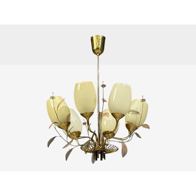 Mid-Century Modern 1950s Paavo Tynell, Chandelier, Milk Glass, Brass, Finland For Sale - Image 3 of 11