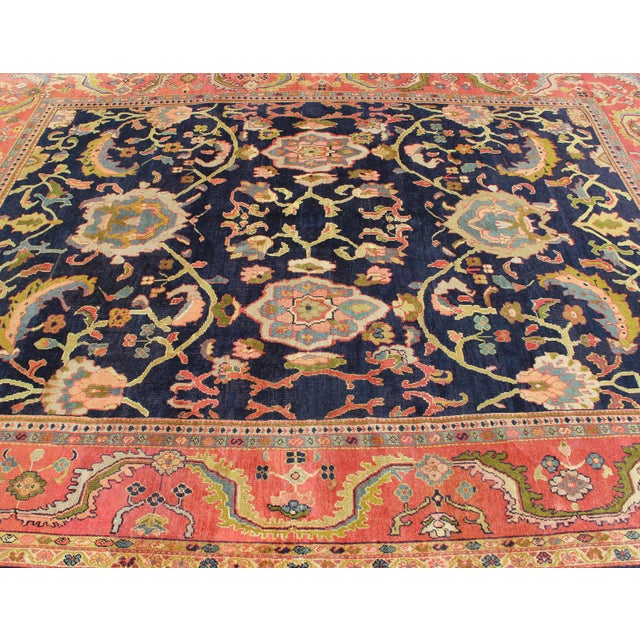 Antique Persian Sultanabad Carpet in Navy Blue Background and Rose Red Border 10'5 X 13' For Sale - Image 14 of 18