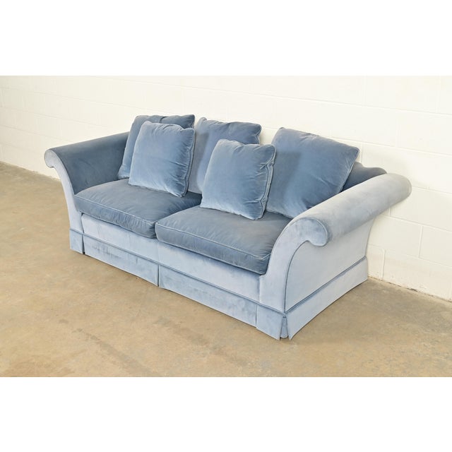 Contemporary Baker Furniture Blue Velvet Upholstered Roll Arm Sofa For Sale - Image 3 of 13
