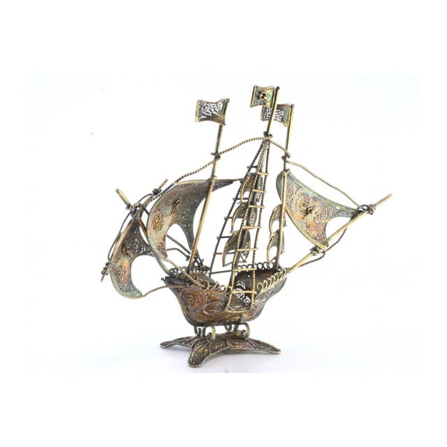 Silver Filigree Caravel with Flags and Maltese Crosses Sails in Relief For Sale - Image 5 of 8