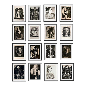 Set of 16 - "Picasso's Female Heads" Framed Contemporary Black and White Gallery Wall of Photographs / Pablo Picasso