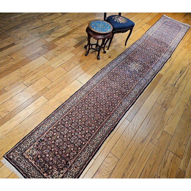 1900 - 1909 Vintage Tabriz Long Runner, Hand-Woven Wool, All Over Herati Pattern, Navy & Ivory, 3x16 For Sale - Image 5 of 16