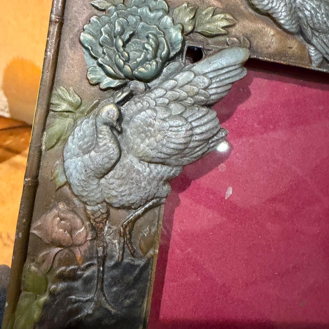 1920s Antique Metal Picture Frame Peacocks and Floral Motifs Japanese Meiji Period For Sale - Image 5 of 11