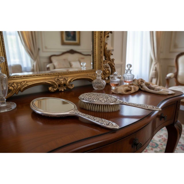 Large Antique S. Kirk & Son Sterling Silver "Hand Decorated" Repoussé Vanity Set For Sale - Image 11 of 11