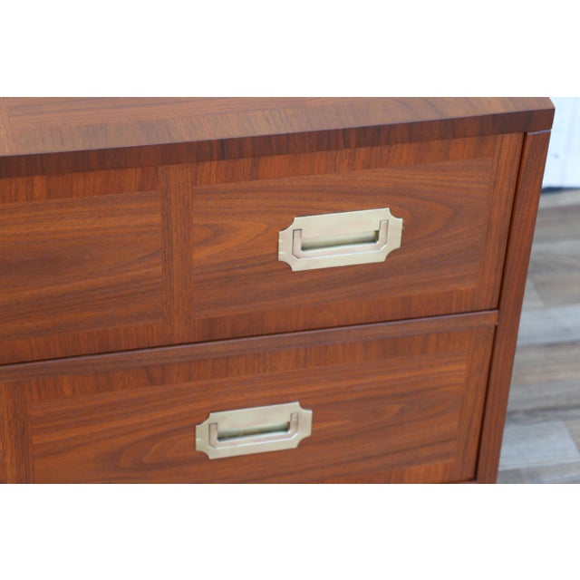 Pair of Mid-Century Modern Campaign Walnut Nightstands by Baker Milling Road | Brass Hardware, Circa 1960s For Sale - Image 13 of 18