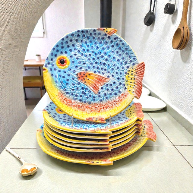 Hand Painted Majolica Zanolli Italian Fish Plates & Platter Set of 6 For Sale - Image 16 of 16