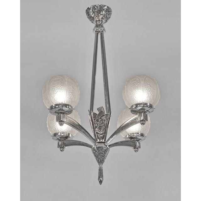 Art Deco French Art Deco Nickeled Bronze & Frosted Glass Chandelier by Louis Vandamme 1930s For Sale - Image 3 of 13