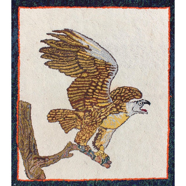 Creams and Gold, Tan Antique American Hooked Rug With a Bald Eagle on a Tree 2'7"x3'1" For Sale - Image 4 of 8