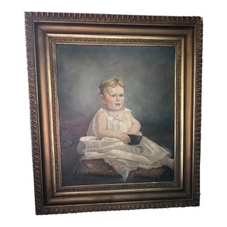 Antique Large 19th Century Portrait Painting of a Child, Framed For Sale