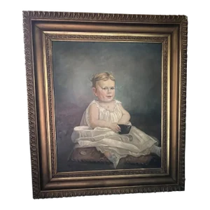Antique Large 19th Century Portrait Painting of a Child, Framed