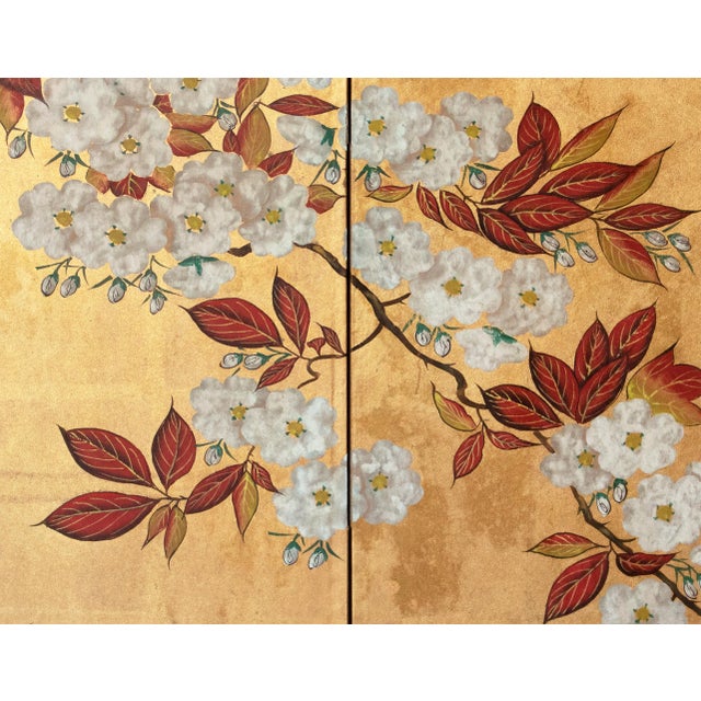 Goldenrod C. 1970s Chinese Six-Panel Gold Leaf Style Painted Screen "Blossoming Plum Tree" For Sale - Image 8 of 18