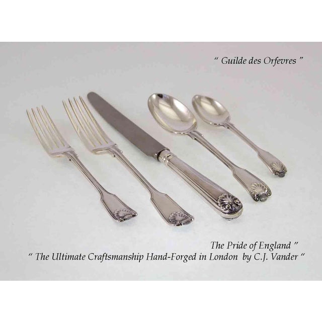 1990's Sterling Silver 5-Piece Flatware Place-Setting Fiddle Thread & Shell Hand-Forged by C. J. Vander For Sale - Image 4 of 12
