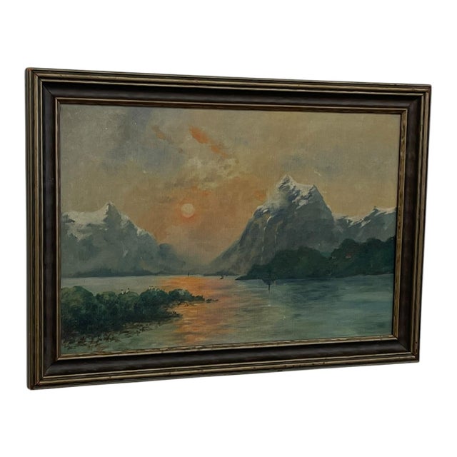 Mid-Century Modern Vintage Framed Mountain Landscape Painting, Snow-Capped Peaks at Sunset, Mid-Century Scenic Wall Art. For Sale - Image 3 of 9