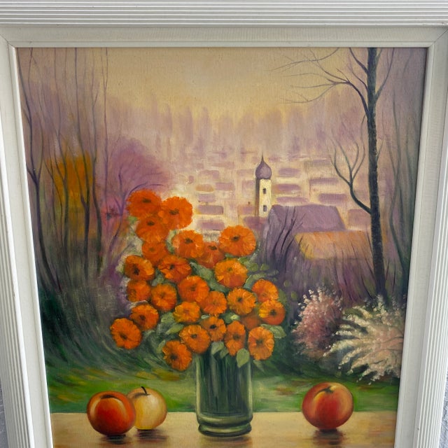 Orange 1970s Folk Art Still Life Painting Signed Ostrander, Framed For Sale - Image 8 of 10