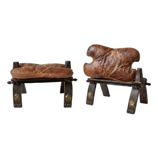 Mid-Century Egyptian Tooled Leather & Hardwood Camel Saddle Footstool For Sale