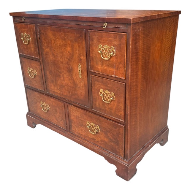 Vintage Kindel Grand Rapids Burl Wood Gentleman’s Chest With Brass Hardware For Sale