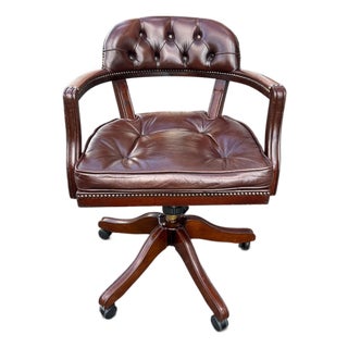 English Swivel Office Chair in Brown Leather and Wood For Sale