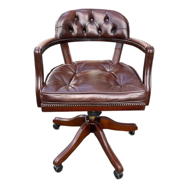 English Swivel Office Chair in Brown Leather and Wood For Sale