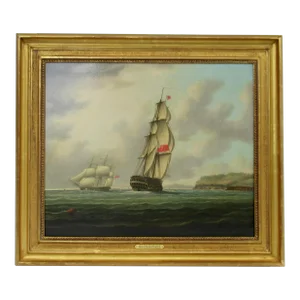 Vintage Late 18th. Century English Monumental Signed Thomas Buttersworth Jr. Maritime Oil Painting on Canvas, Framed