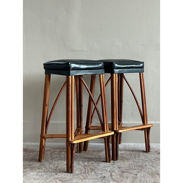 Vintage Coastal Wrapped Rattan Bar Stools - A Pair For Sale In West Palm - Image 6 of 8