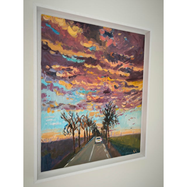 Linda Clerget, Stormy Sky on Favorite Road, Oil on Wood, Framed For Sale - Image 4 of 7