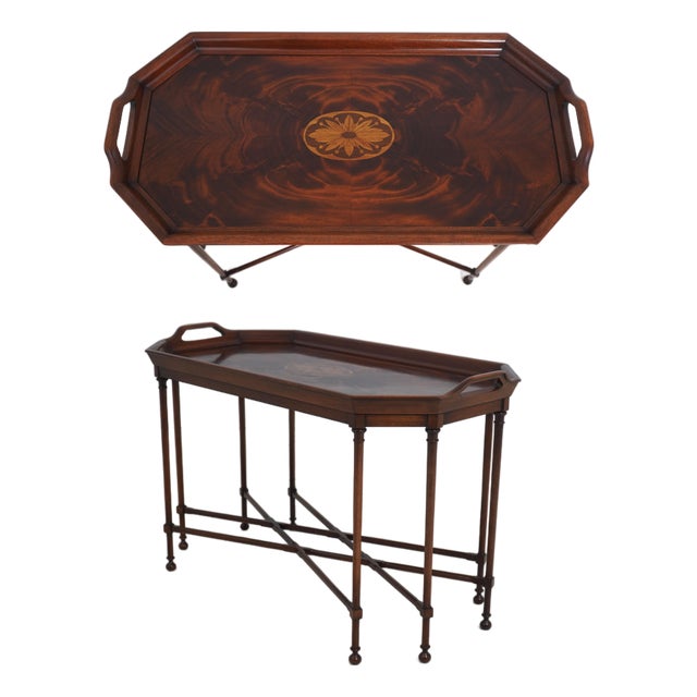 Councill Fixed Tray Flame Mahogany Inlaid Cocktail Coffee Table For Sale
