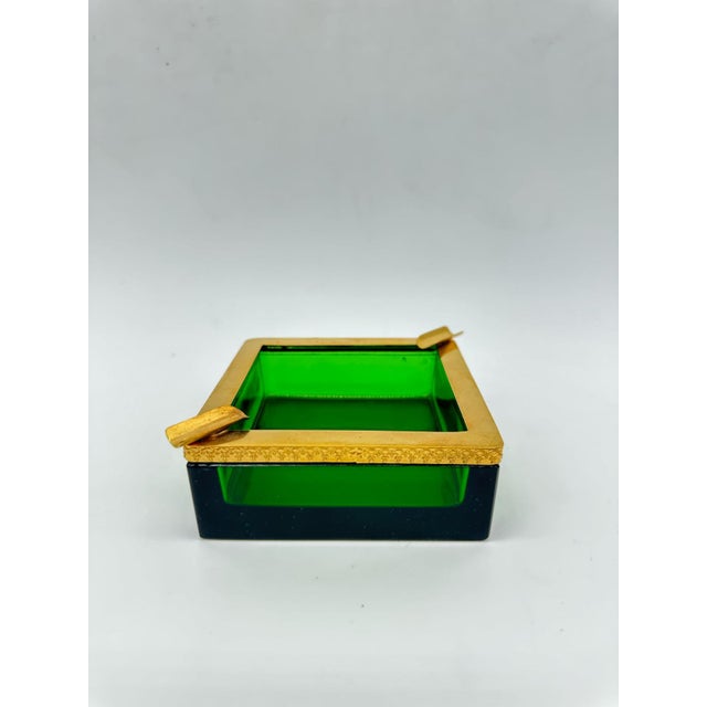 Forest Green Antique Bohemian Green Crystal Ashtray in Polished Edge Mounted in Bronze on Dark Emerald Green Color in Square Shape, 1920s For Sale - Image 8 of 11